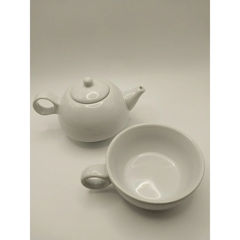 Old Amsterdam Porcelain Works Teapot & Tea Cup for One 8 Oz Glossy White